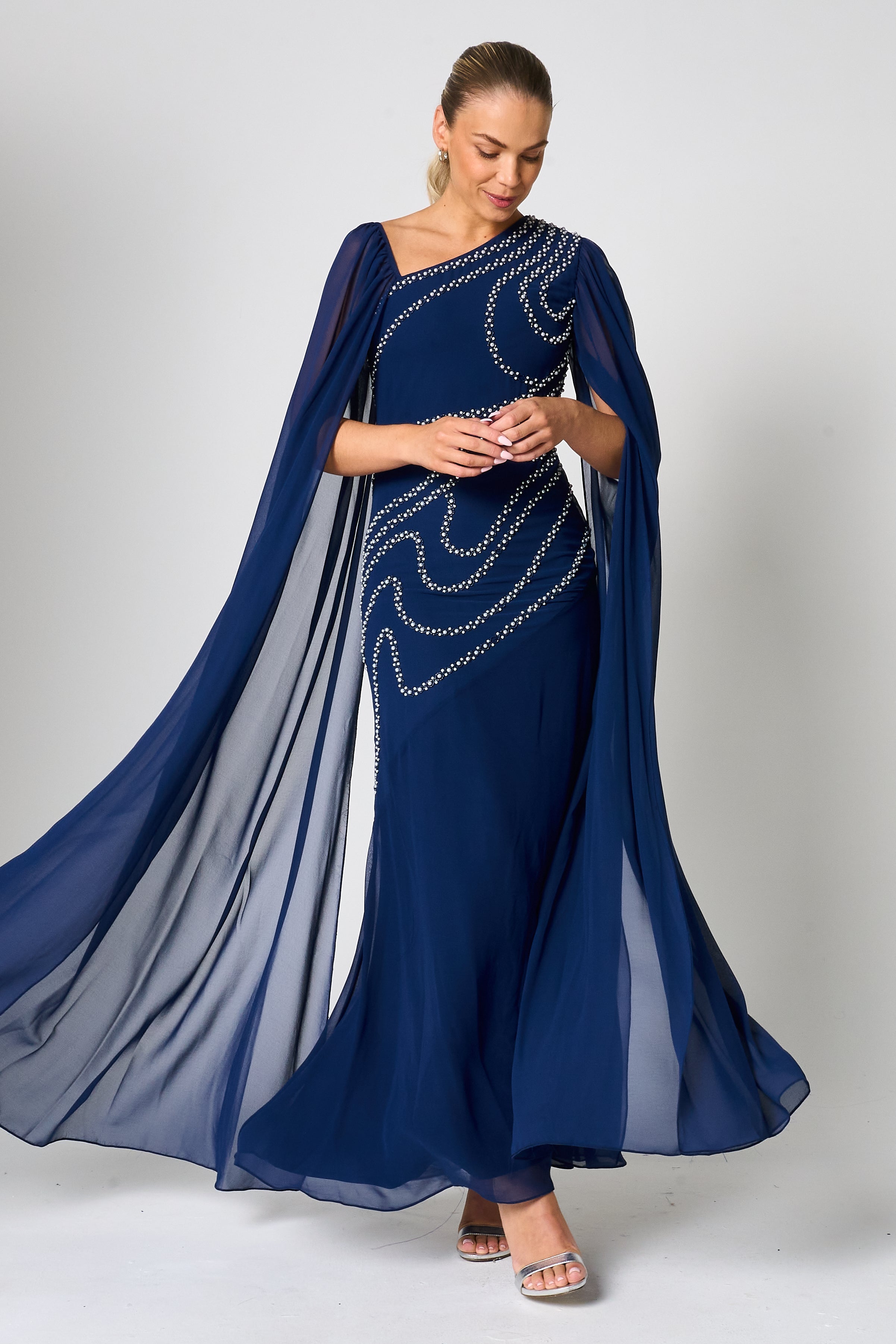 Patricia Navy Embellished Cape Sleeve Maxi Dress