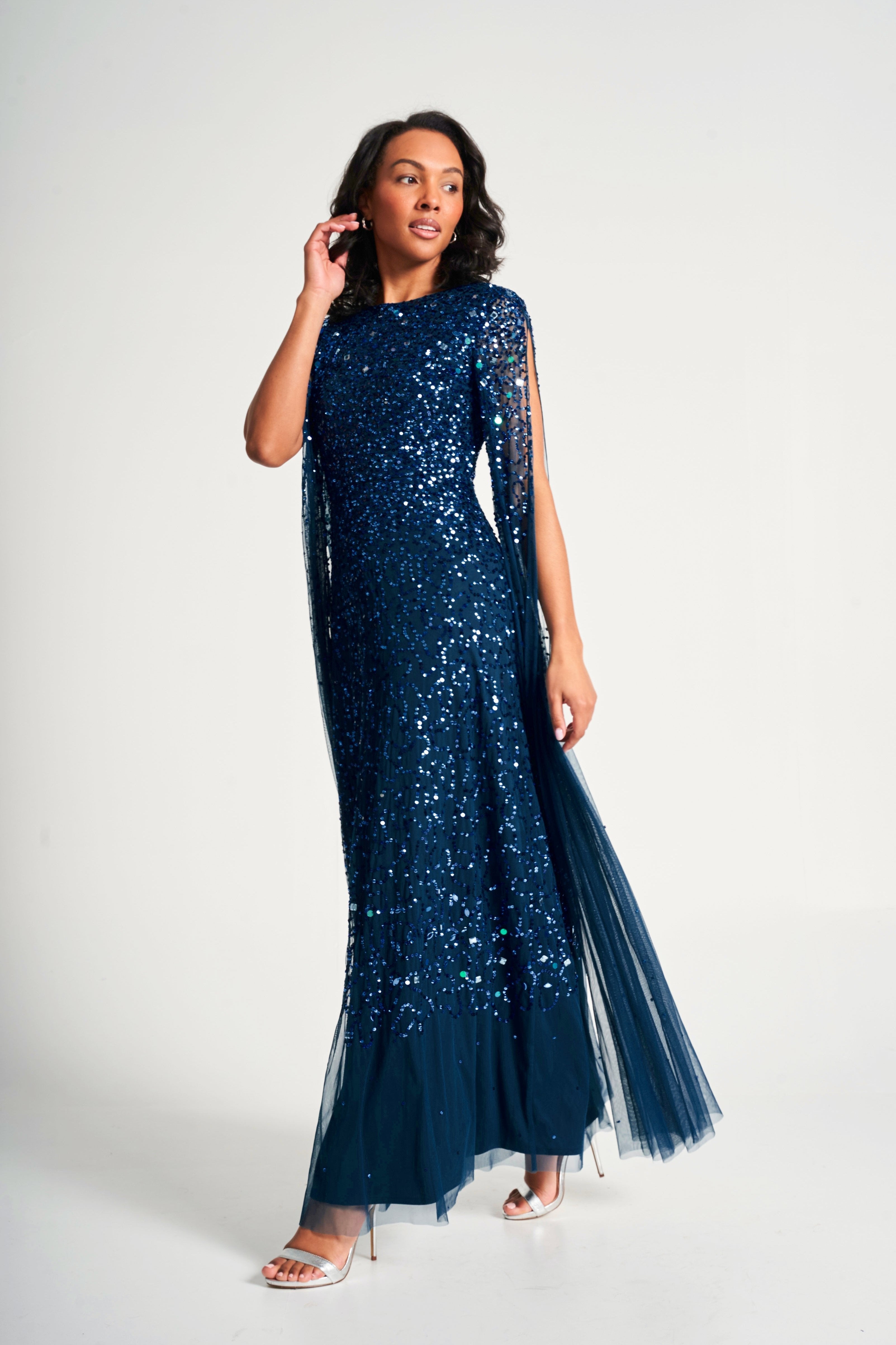 Paulina Deep Teal Sequin Cape Sleeve Maxi Dress