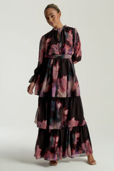 Reya Black Floral Print Tiered Maxi Dress