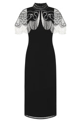 Ridley Black Beaded Fringe Cape Sleeve Midi Dress