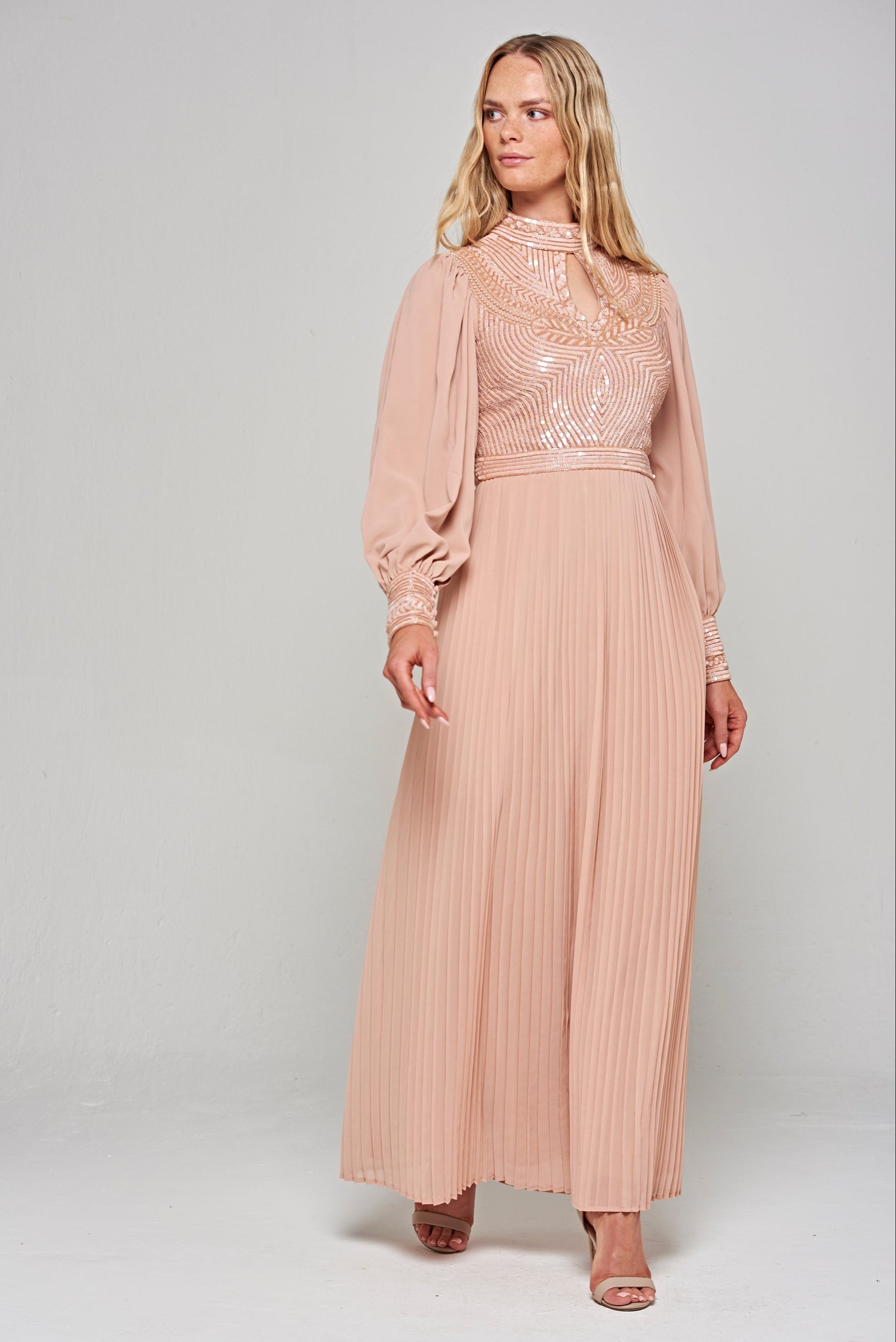 Rosa Sequin Maxi Dress with Pleated Skirt - Blush