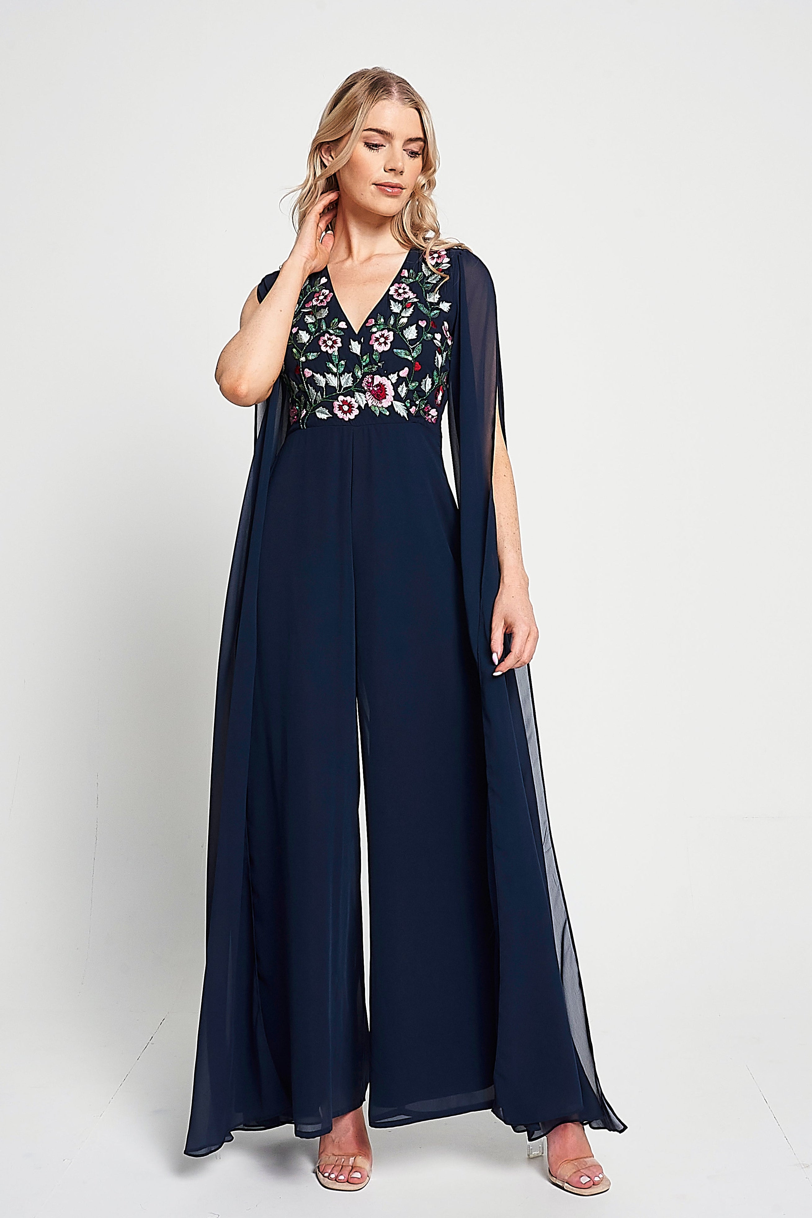 Rue Navy Floral Embroidered Cape Sleeve Jumpsuit