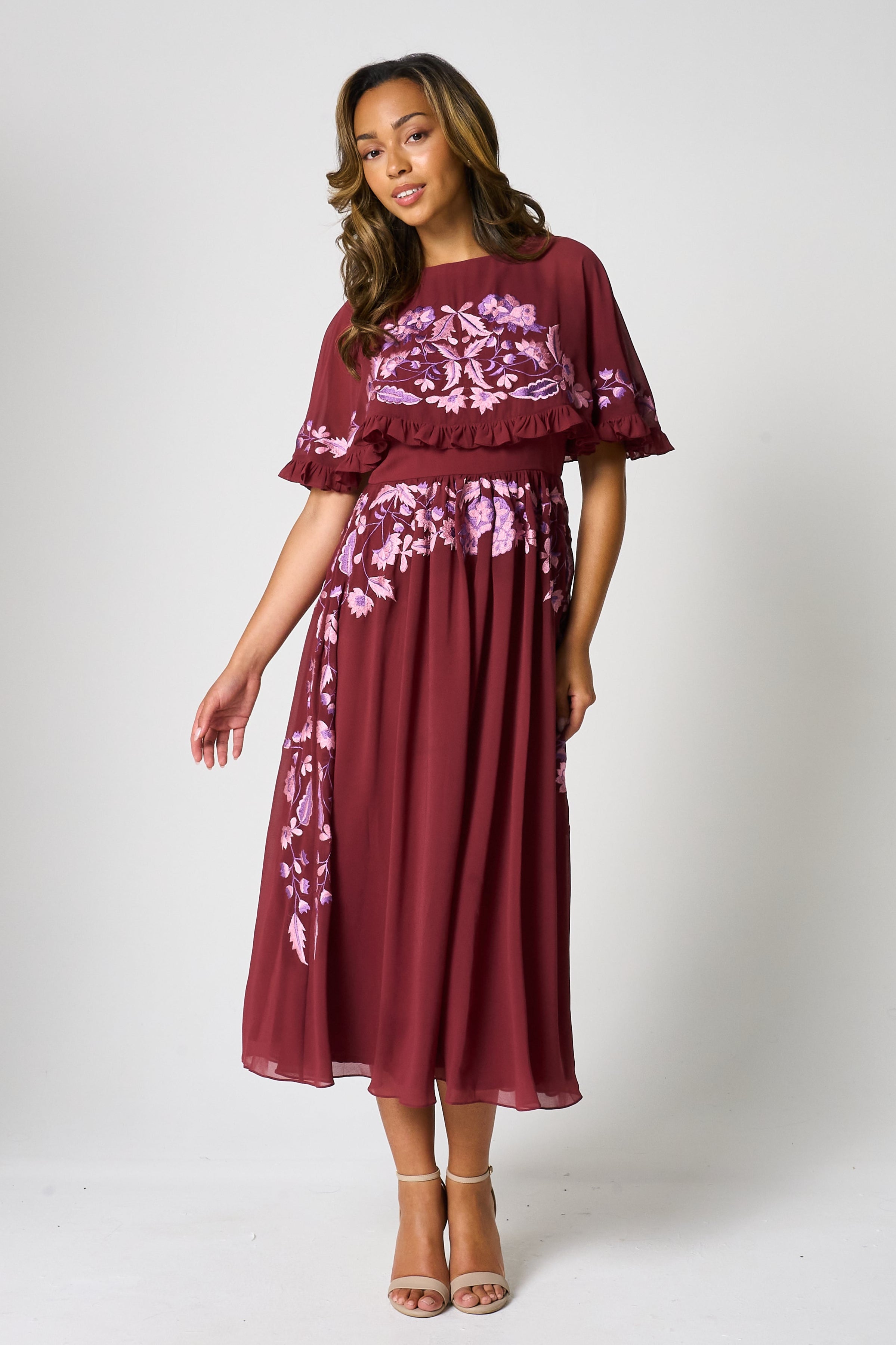 Scarlett Burgundy Embroidered Midi Dress with Cape Detail