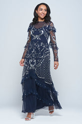 Selene Navy Embellished Maxi Dress by Frock and Frill with full-length sleeves, delicate beadwork, and flowing floor-length design for weddings and evening events