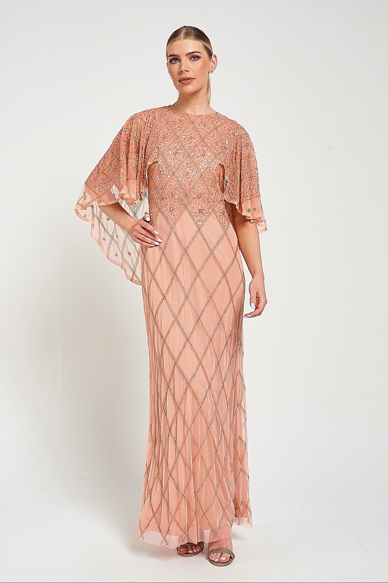 Selina Peach Embellished Cape Detail Maxi Dress