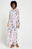 Serena white floral print maxi dress by Frock and Frill with long sleeves and full-length silhouette designed for elegant modest occasion and day wear styling
