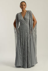 Simone embellished cape maxi dress in soft grey