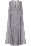 Simone embellished cape maxi dress in soft grey