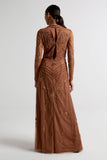 Solene bronze embellished maxi dress with high neckline, side split skirt, and open back, perfect for weddings, formal occasions, and evening events.