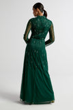 Sophia green high neck embellished maxi dress with full length sleeves and intricate embellishment, suitable for weddings and formal occasions.