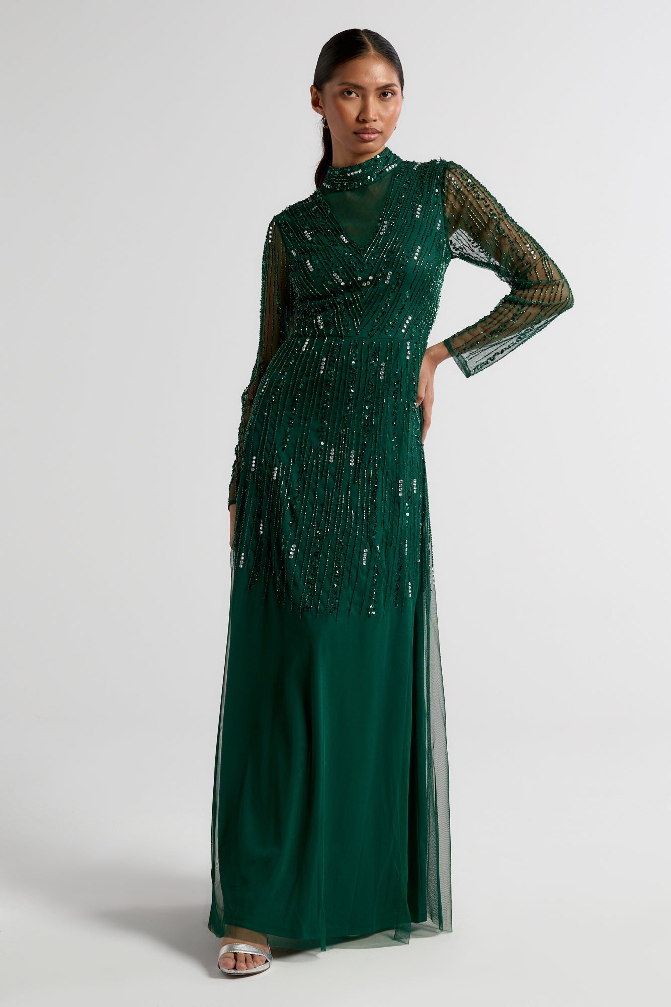 Sophia green high neck embellished maxi dress with full length sleeves and intricate embellishment, suitable for weddings and formal occasions.