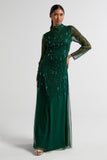 Sophia green high neck embellished maxi dress with full length sleeves and intricate embellishment, suitable for weddings and formal occasions.