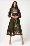 Taina Olive Floral Embroidered Midi Dress