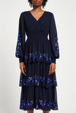 Frock & Frill Tamsin navy floral embroidered midi dress with tiered chiffon skirt, sheer long sleeves, and vibrant blue embroidered detailing—perfect for weddings and special occasions.