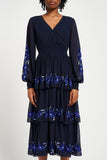 Frock & Frill Tamsin navy floral embroidered midi dress with tiered chiffon skirt, sheer long sleeves, and vibrant blue embroidered detailing—perfect for weddings and special occasions.