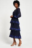 Frock & Frill Tamsin navy floral embroidered midi dress with tiered chiffon skirt, sheer long sleeves, and vibrant blue embroidered detailing—perfect for weddings and special occasions.