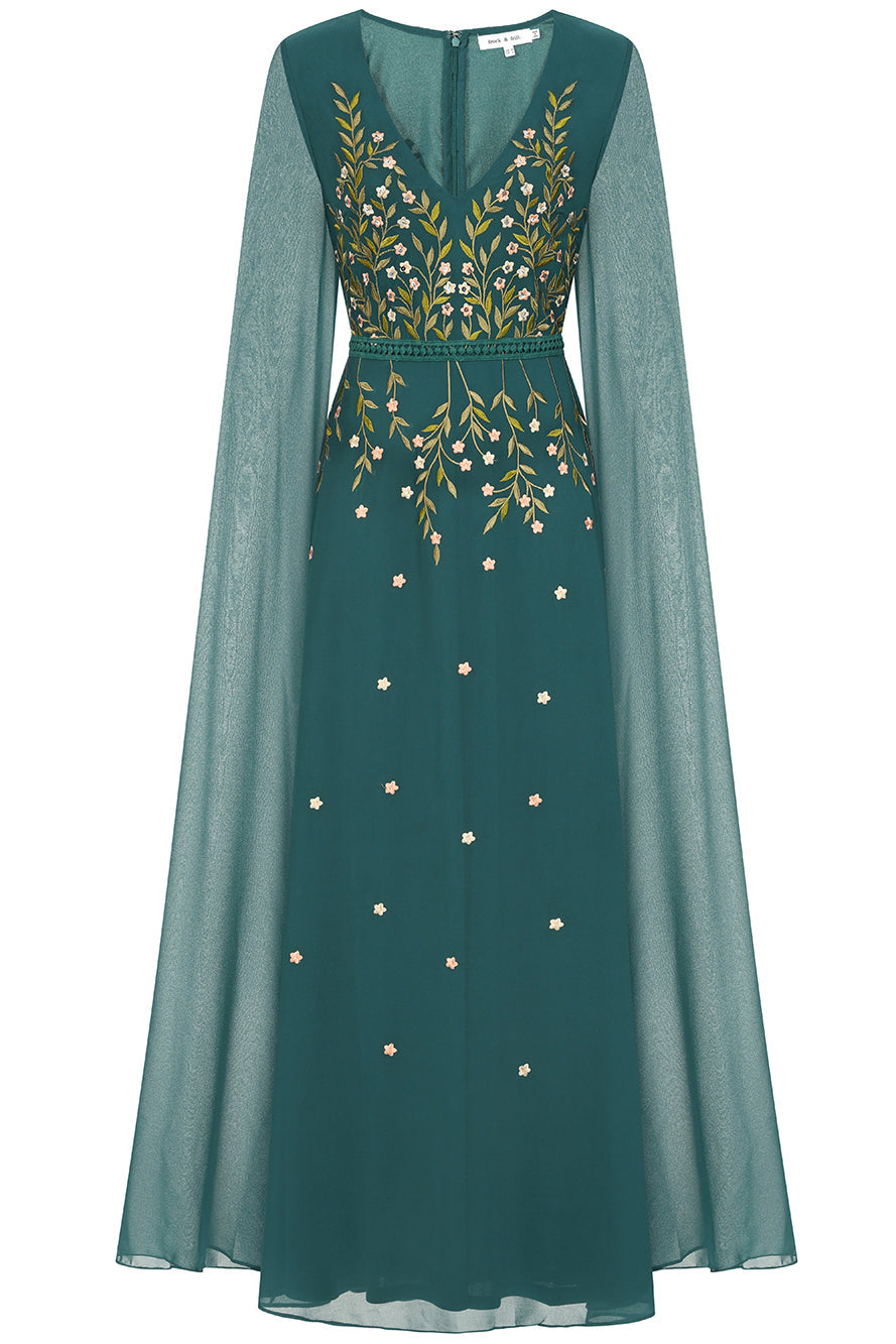 Thalia Green Embroidered Maxi Dress with Cape Sleeves