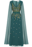 Thalia Green Embroidered Maxi Dress with Cape Sleeves