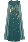 Thalia Green Embroidered Maxi Dress with Cape Sleeves