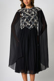 Una Black Embellished Cape Sleeve Midi Dress