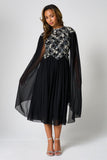 Una Black Embellished Cape Sleeve Midi Dress