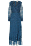 Velora skipper blue sequin midi dress with V-neckline, long sleeves, and fit-and-flare silhouette, perfect for evening events, weddings, and parties.