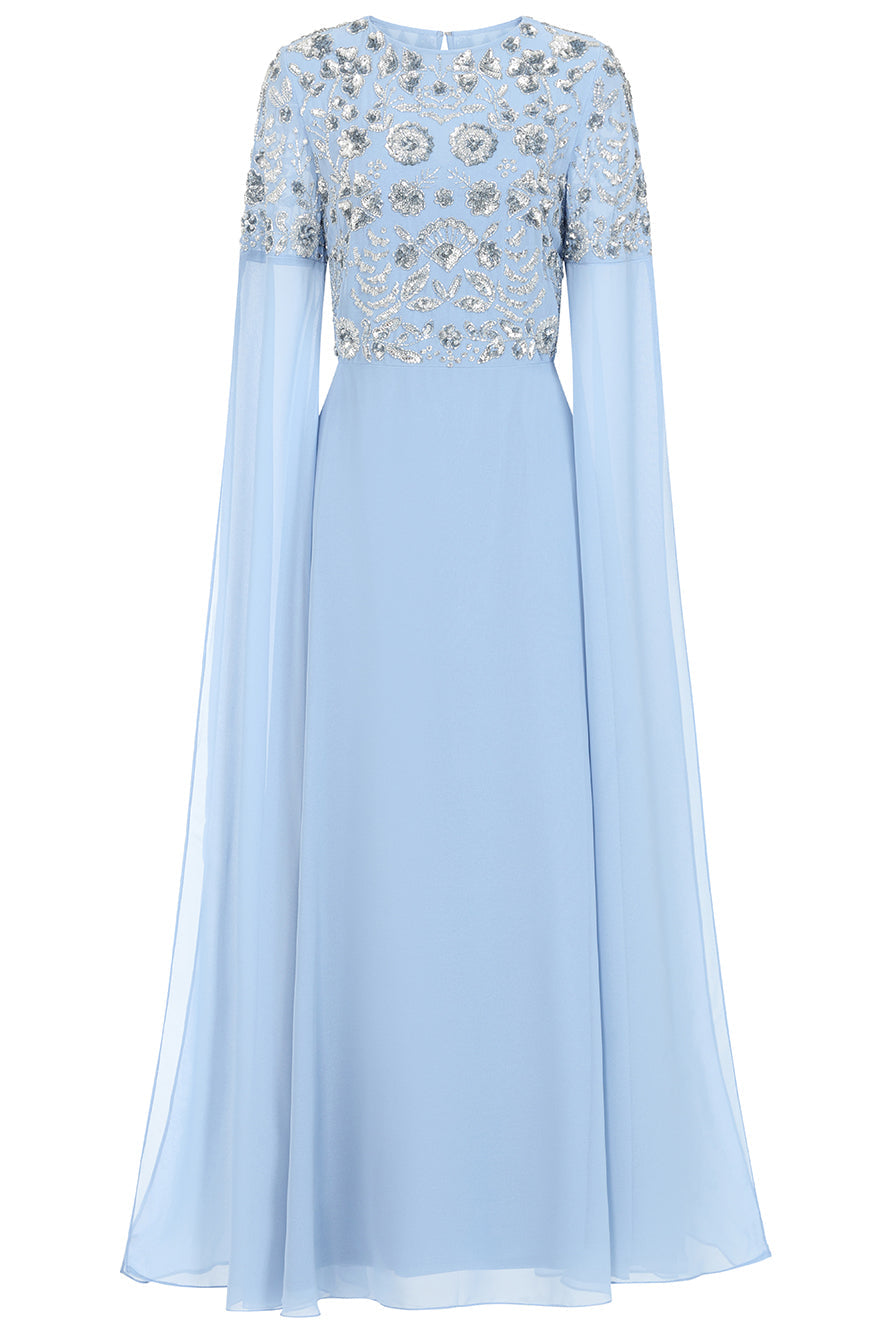 Vera Sky Blue Embellished Cape Sleeve Maxi Dress