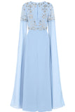 Vera Sky Blue Embellished Cape Sleeve Maxi Dress