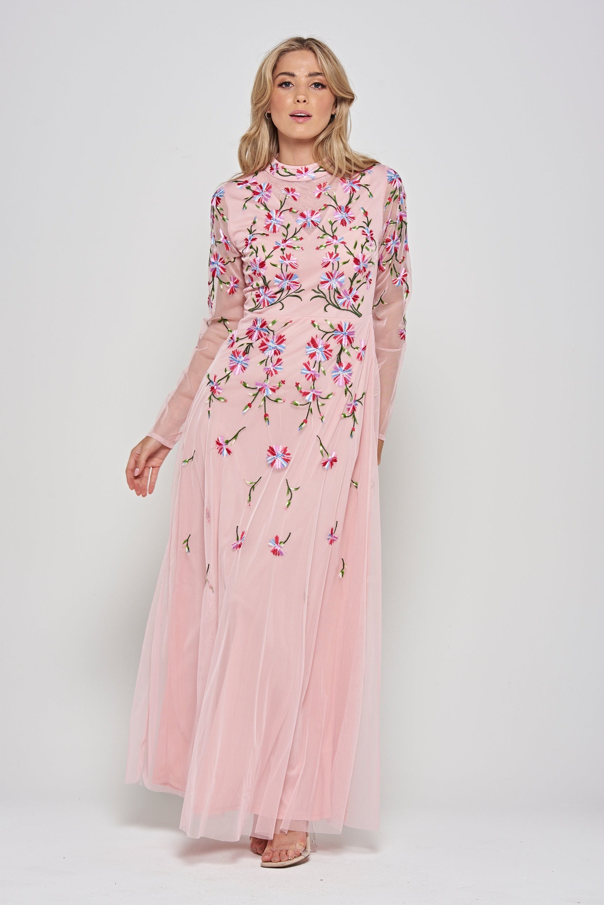 Verena Pink Floral Embroidered Maxi Dress