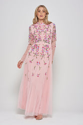 Verena pink floral embroidered maxi dress by Frock & Frill with sheer long sleeves