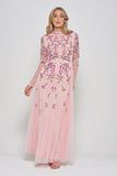 Verena pink floral embroidered maxi dress by Frock & Frill with sheer long sleeves