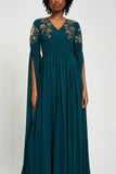 Verity Green Embellished Maxi Dress With Cape Sleeves