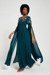 Verity Green Embellished Maxi Dress With Cape Sleeves