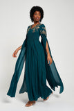 Verity Green Embellished Maxi Dress With Cape Sleeves