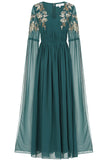 Verity Green Embellished Maxi Dress With Cape Sleeves