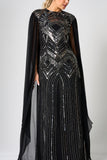 Verna black embellished cape sleeve maxi dress for evening and formal occasions