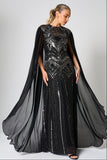 Verna black embellished cape sleeve maxi dress for evening and formal occasions