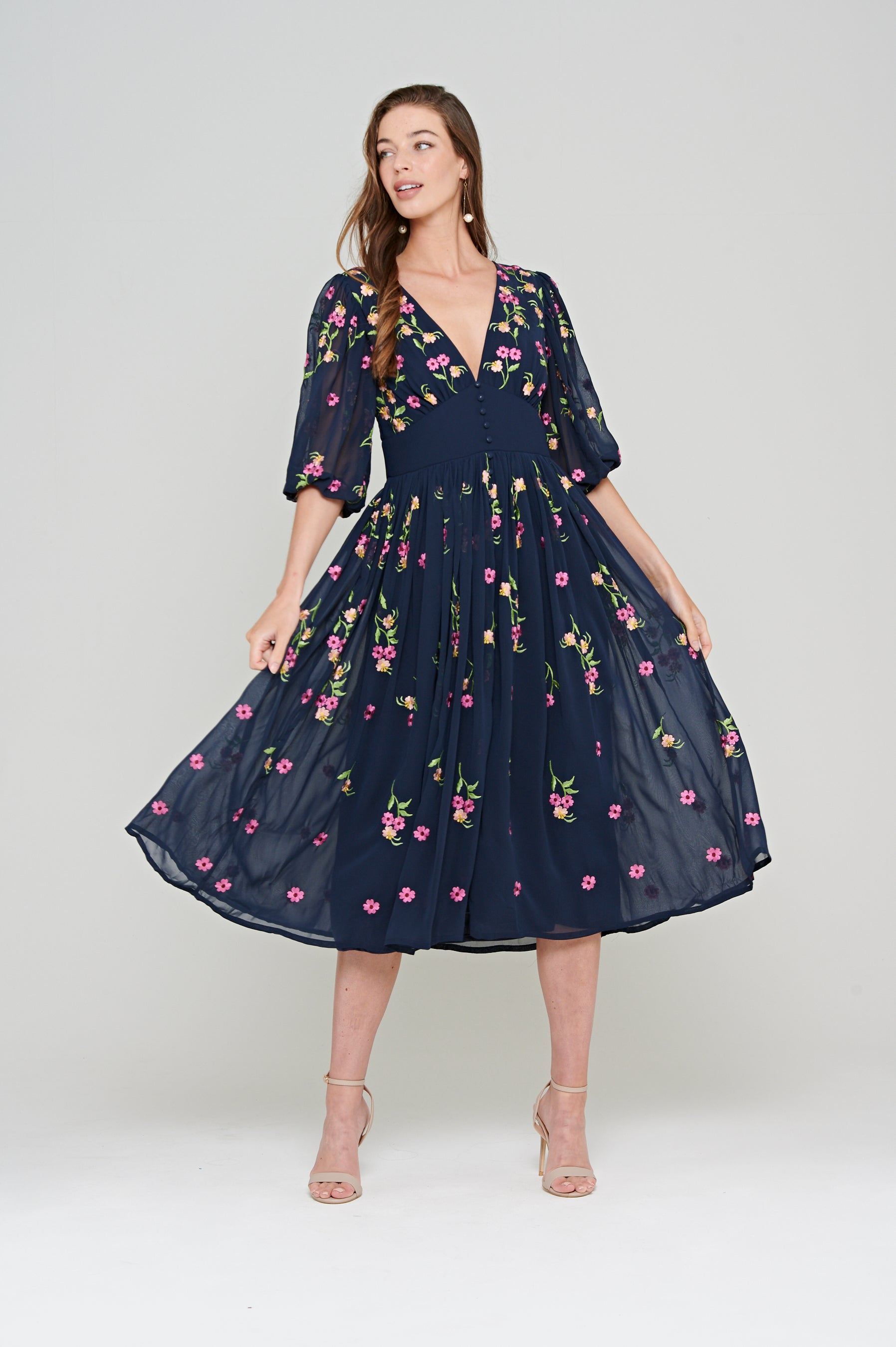 Veronne Floral Embroidered Dress in Navy