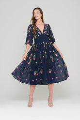 Veronne Floral Embroidered Dress in Navy