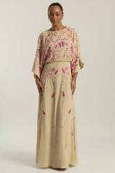 Viola nude embroidered maxi dress with long sleeves, floor-length silhouette, and floral detailing, perfect for weddings, formal events, and modest occasions.