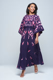 Viola Purple Maxi Dress with floral embroidery, long sleeves, and floor-length flowing silhouette, perfect for weddings and evening events.