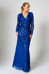 Vivian blue embellished maxi dress with V neckline, long sleeves and tonal sequin and bead detailing designed for elegant evening and occasion wear styling