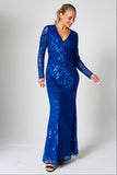 Vivian blue embellished maxi dress with V neckline, long sleeves and tonal sequin and bead detailing designed for elegant evening and occasion wear styling