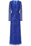 Vivian blue embellished maxi dress with V neckline, long sleeves and tonal sequin and bead detailing designed for elegant evening and occasion wear styling