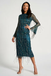 Wren Green Sequin Midi Dress with Beaded Tassels