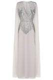 Yvonne Sequin Cape Sleeve Maxi Dress in Grey