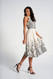 Zalie off white embroidered midi dress with black floral detailing by Frock and Frill