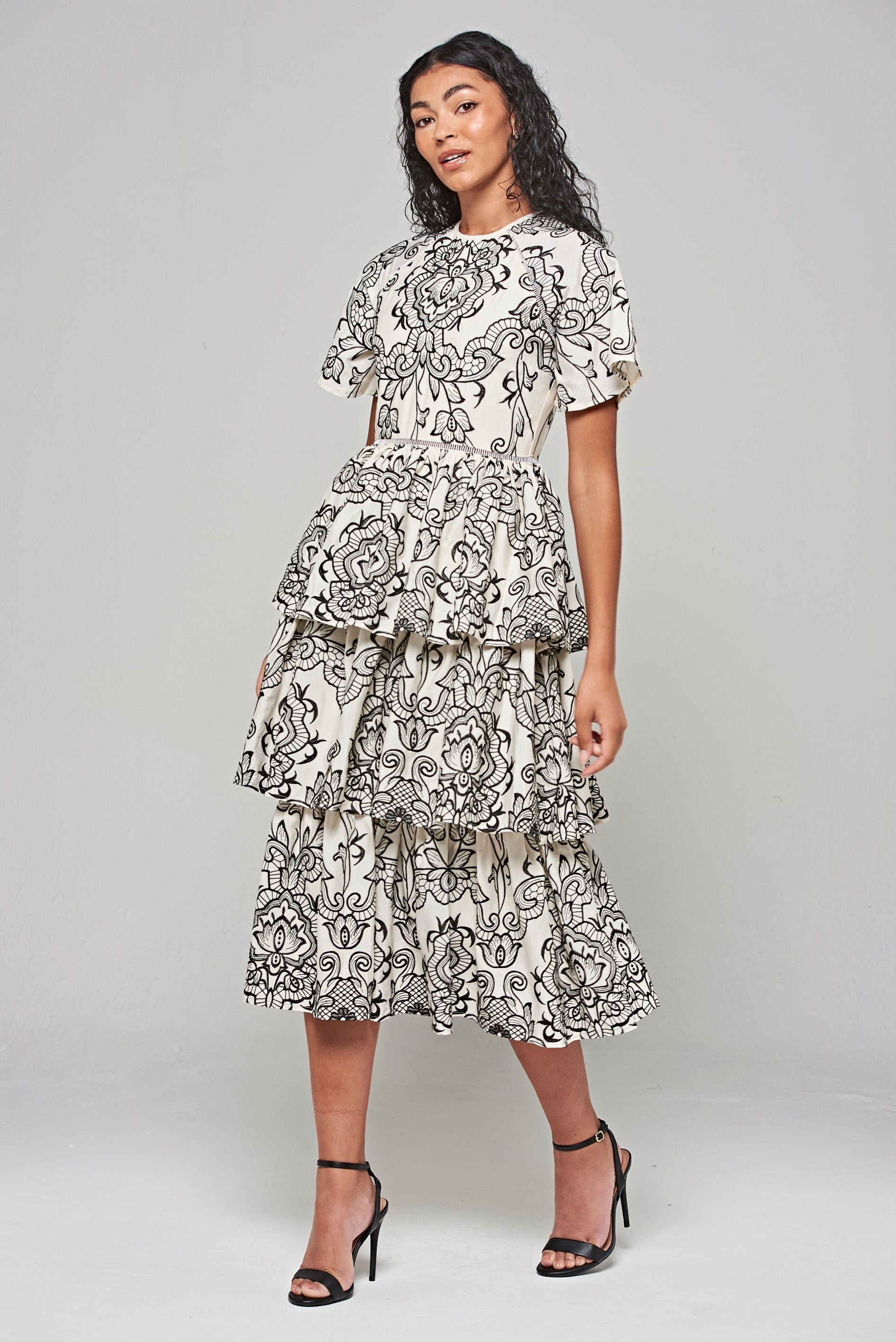 Zariah Off White Embroidered Tiered Midi Dress