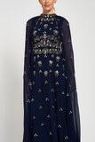 Zarna Embellished Maxi Dress with Cape Sleeves - Navy