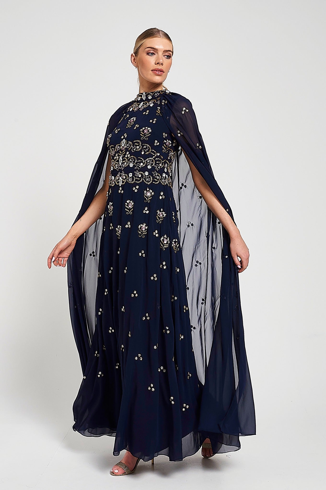 Zarna Embellished Maxi Dress with Cape Sleeves - Navy